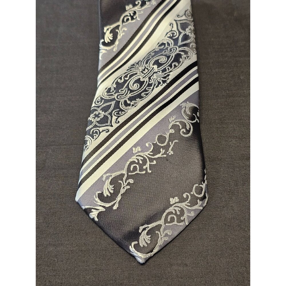Karl Knox Mens Silver & Black Floral Stripe Necktie